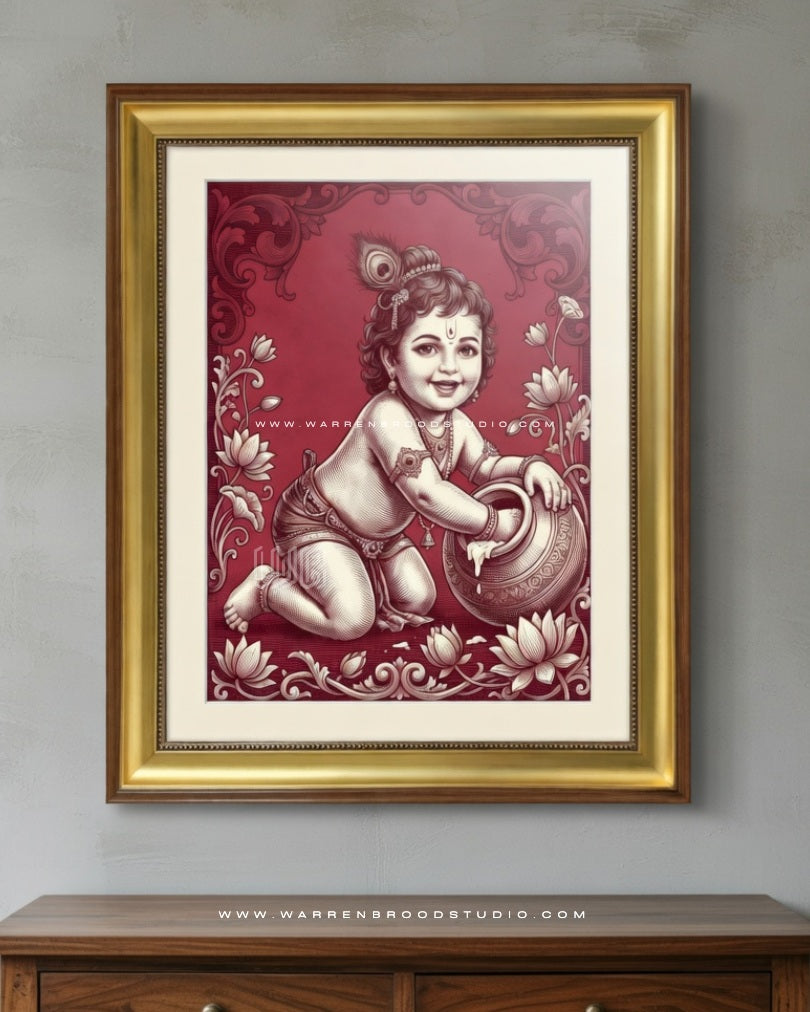 Premium Lord Krishna wall art print with elegant Indian devotional artwork, museum-quality framed painting in a natural frame for Hindu home décor.
