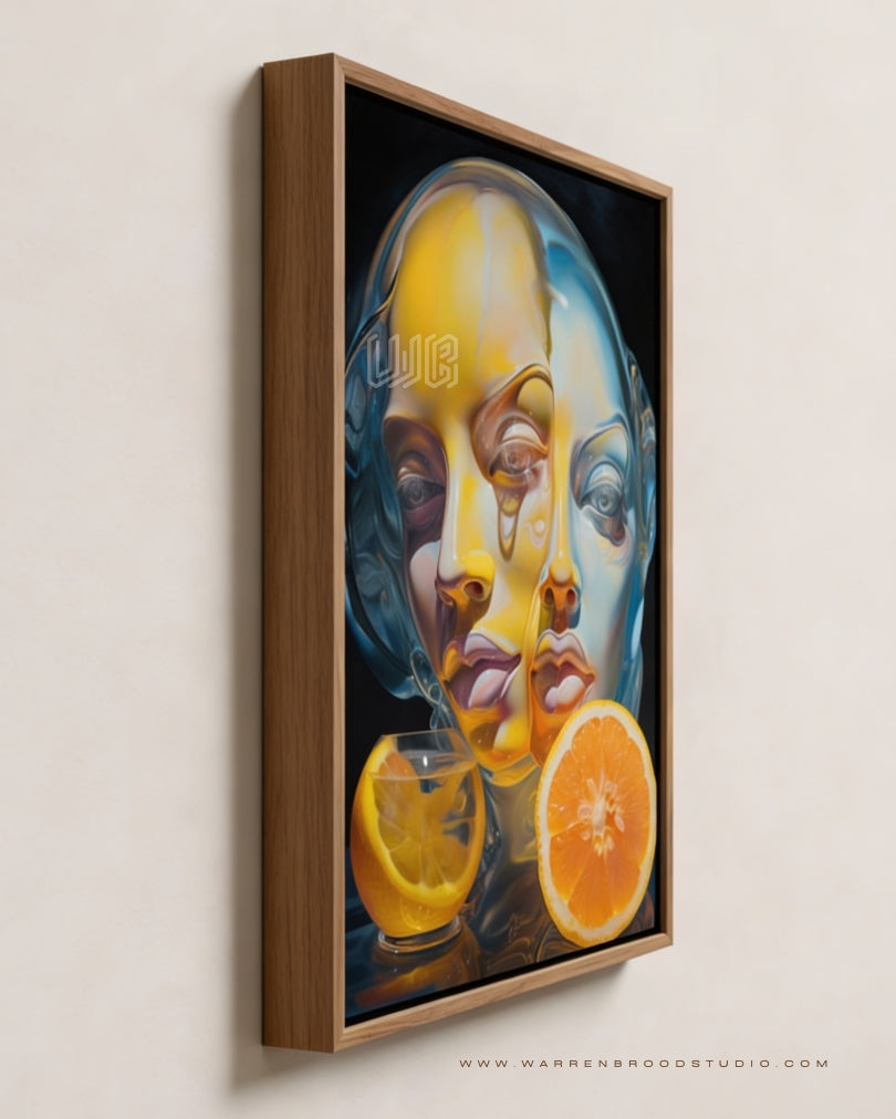 Surreal portrait wall art, contemporary digital illustration, emotional artwork, premium wooden wall frame, abstract portrait art, luxury wall décor, modern framed artwork, artistic wall print - Warren Brood Studio