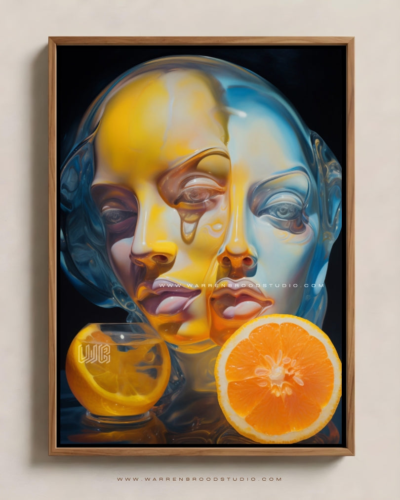 Between Joy and Sorrow premium surreal portrait wall art featuring a contemporary digital illustration with emotional expression, translucent layered faces, luxury wooden framed artwork, abstract modern portrait design, and elegant wall décor for sophisticated interiors.