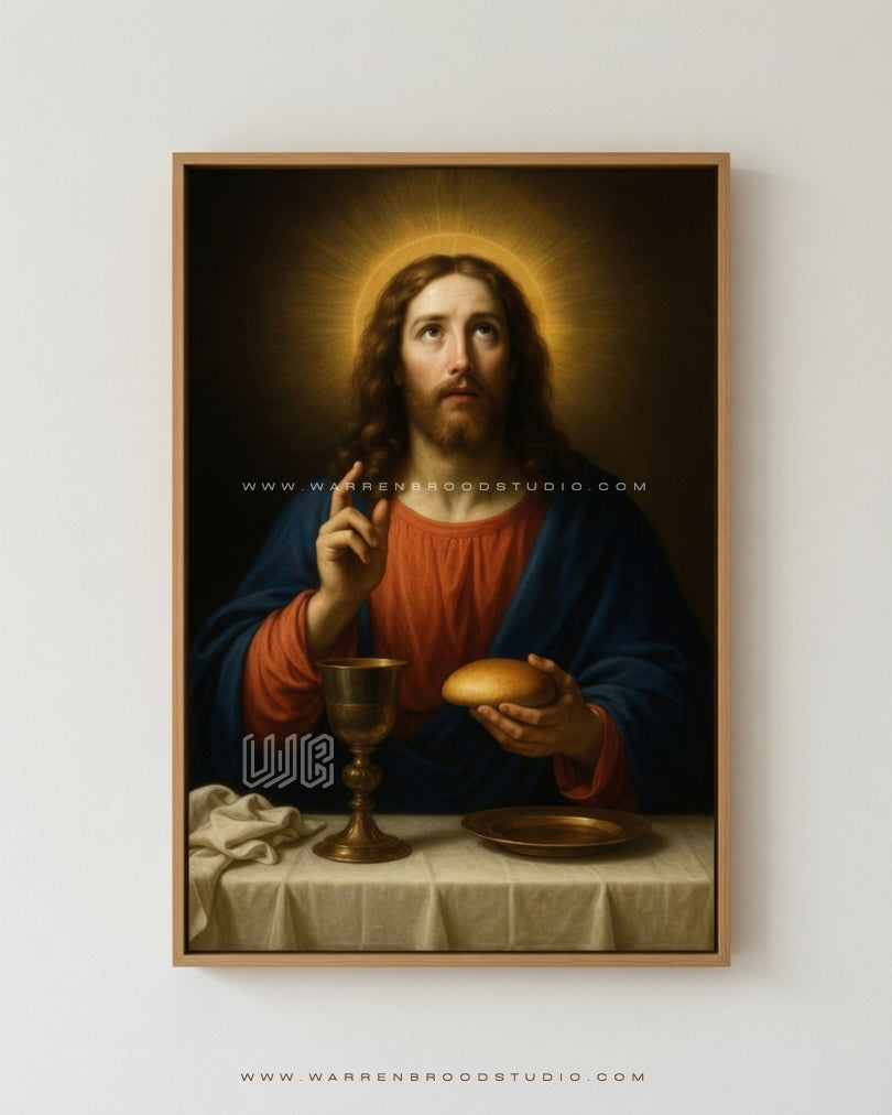Discover Christ the Bread of Life, a premium Christian wall art print featuring Jesus with the Holy Eucharist. Beautifully framed in handcrafted natural oak.