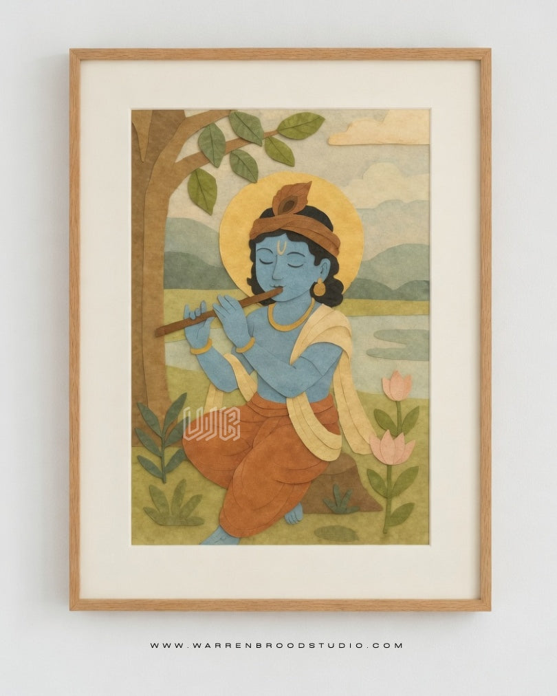 Premium Lord Krishna wall art featuring young Krishna playing the flute beneath a tree with lotus flowers, museum-quality Hindu framed artwork for home decor.