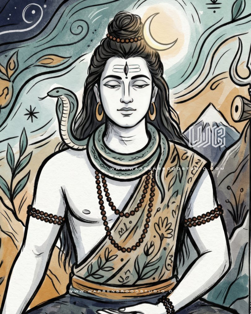 Lord Shiva sitting in meditation with Trishul and sacred symbols, premium mounted glass framed Hindu artwork for peaceful home and spiritual décor