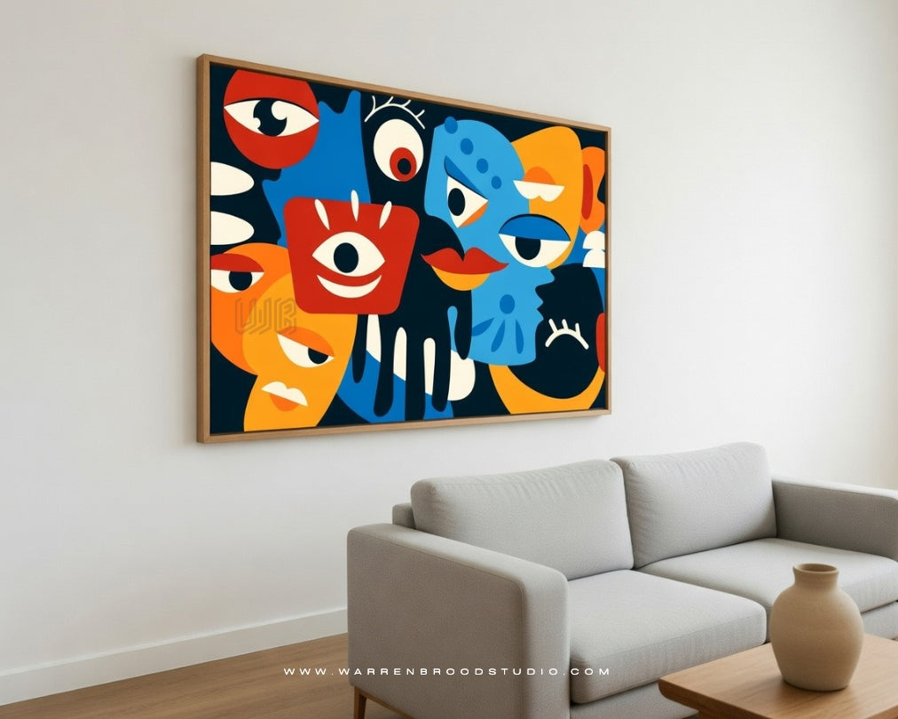 abstract cubist wall art, contemporary face art print, geometric face illustration, colorful abstract wall décor, cubism inspired artwork, modern abstract faces, premium framed wall art, contemporary art print, artistic wall frames, modern cubist painting, abstract portrait wall art, luxury contemporary décor, bold geometric artwork, expressive eye illustration, modern gallery wall art, designer wall frames, abstract character art, statement wall décor, premium wooden frame art, Warren Brood Studio
