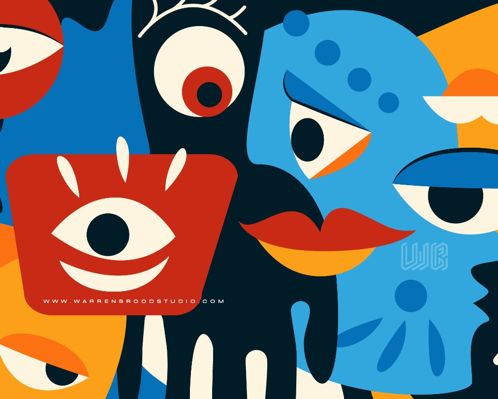 Abstract cubist contemporary wall art featuring colorful geometric faces, expressive eyes, bold blue and orange tones, and modern artistic shapes in premium framed wall décor.