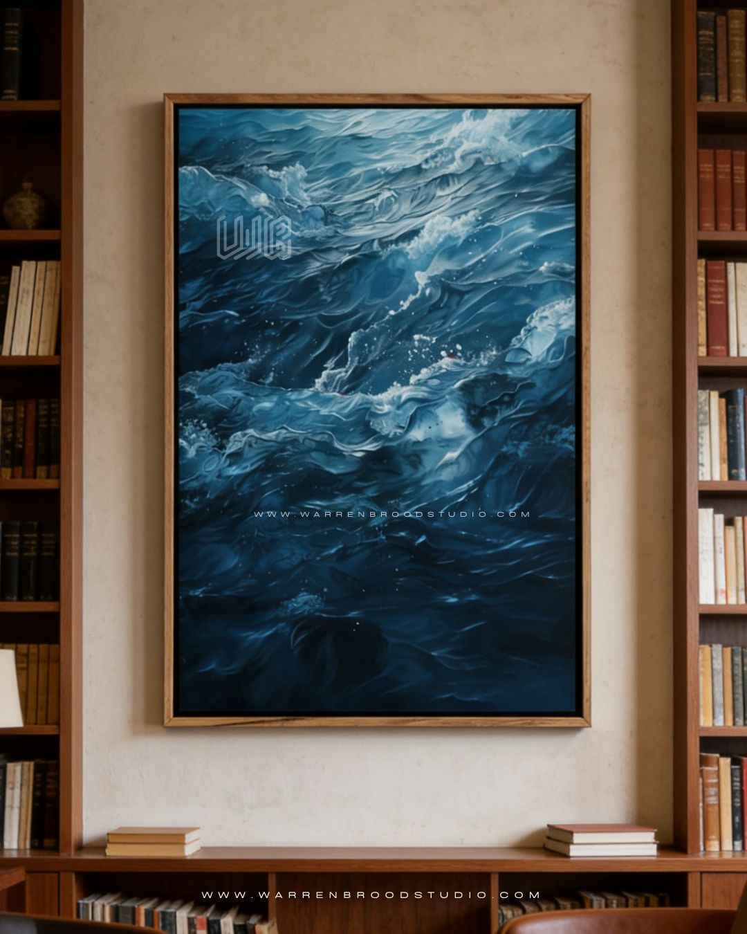 Midnight Tide Premium Wall Art – Contemporary ocean abstract digital artwork featuring flowing deep blue waves, luxury framed artwork, premium wooden wall décor, and elegant home décor wall frames in Dubai designed for modern, minimalist, and luxury interior spaces.