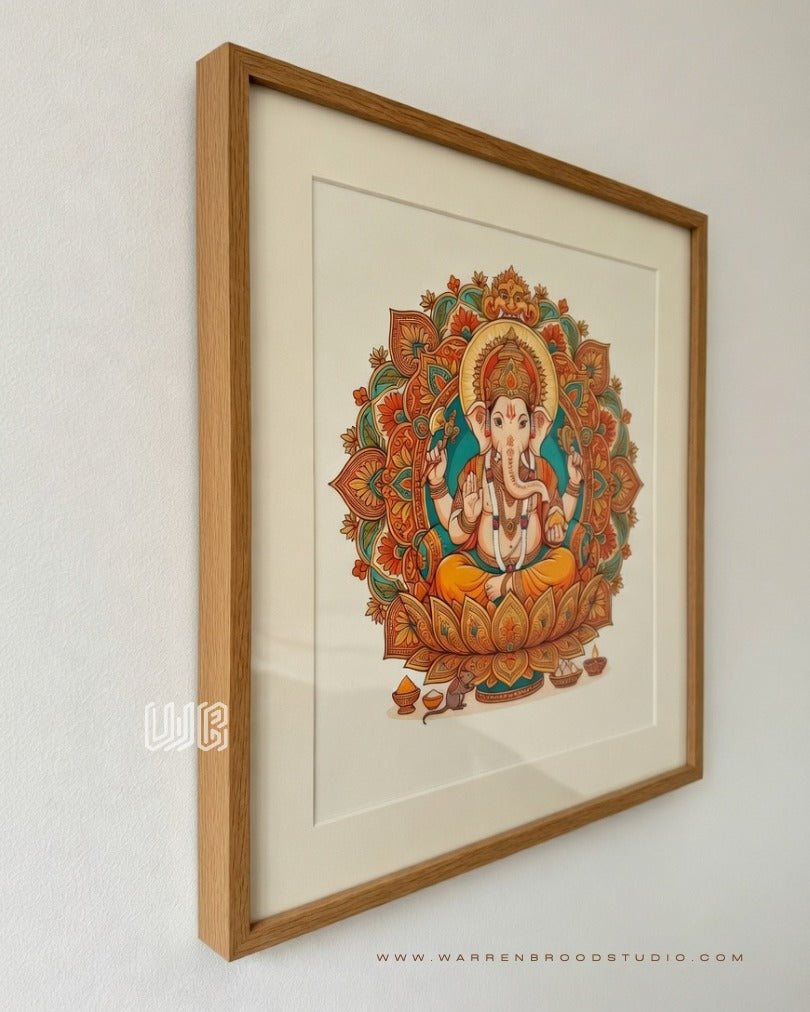 Premium Lord Ganesha wall art print featuring ornate lotus mandala illustration frame for spiritual home, office, temple, and meditation room décor. Warren Brood Studio