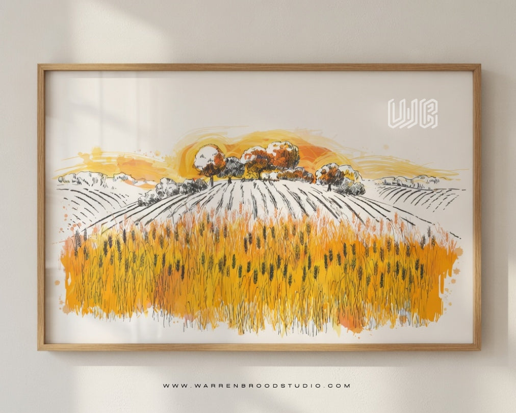 Golden Harvest countryside landscape artwork featuring golden wheat fields, warm horizon tones, rural scenery, and premium wooden framed wall décor for luxury interiors in Dubai - Warren Brood Studio