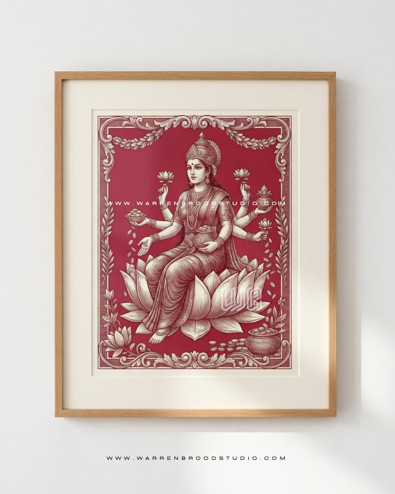 Goddess Lakshmi seated on a lotus holding lotus flowers and gold coins – premium Hindu religious wall art print in vintage engraving style with handcrafted natural oak wooden frame by Warren Brood Studio.