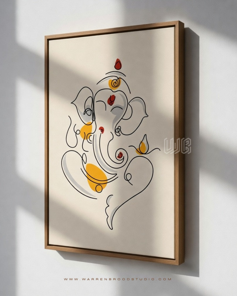 Shop Minimal Lord Ganesha wall art by Warren Brood Studio. Premium Hindu wall art print with handcrafted oak wooden frames for modern homes, pooja rooms, and spiritual décor.
