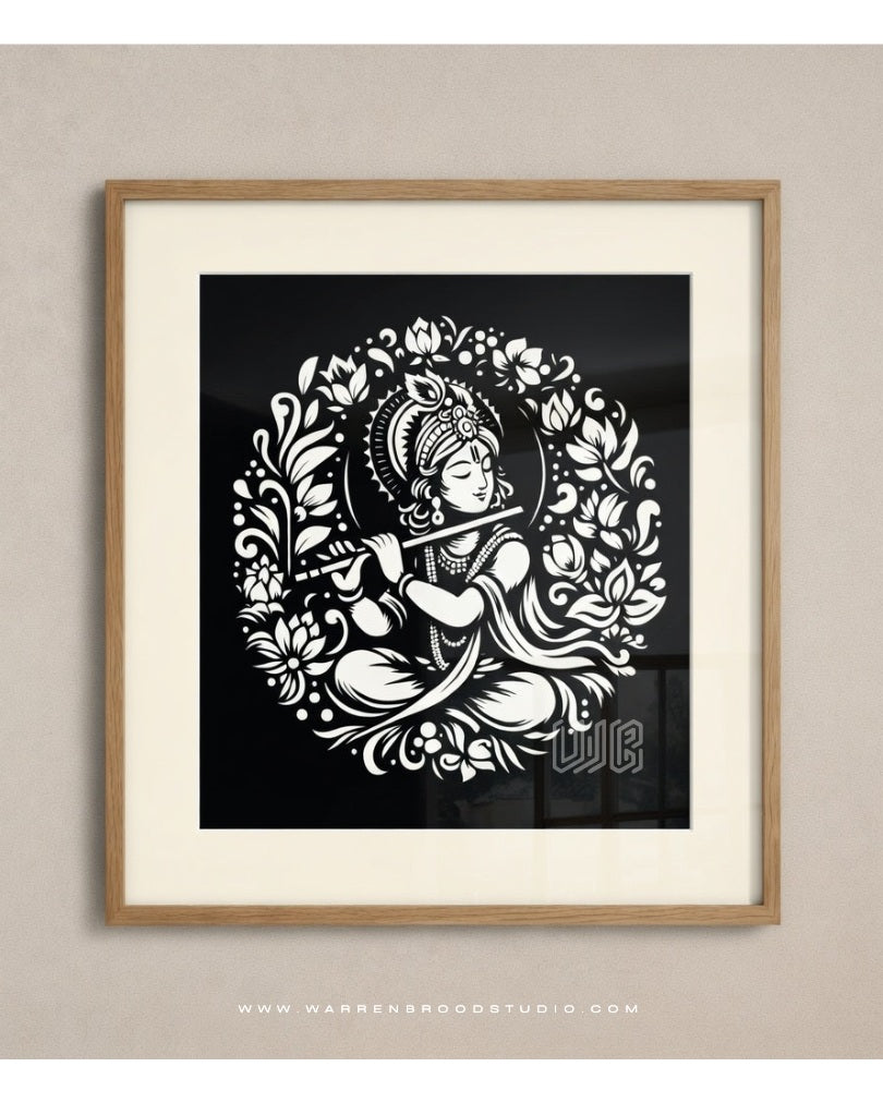 Shop Premium Lord Krishna wall art frame featuring Krishna playing the divine flute with floral decorative artwork - Warren Brood Studio