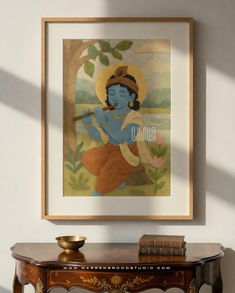 Buy Young Lord Krishna Playing the Flute – Premium Hindu Wall Art Print Natural Oak Wooden Frame by Warren Brood Studio