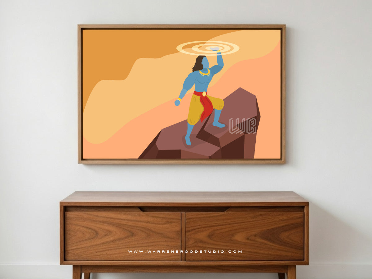 Shop Lord Krishna holding the Sudarshan Chakra, premium Hindu religious wall art print with handcrafted natural oak wooden frame for pooja rooms, temples, and modern spiritual home décor.