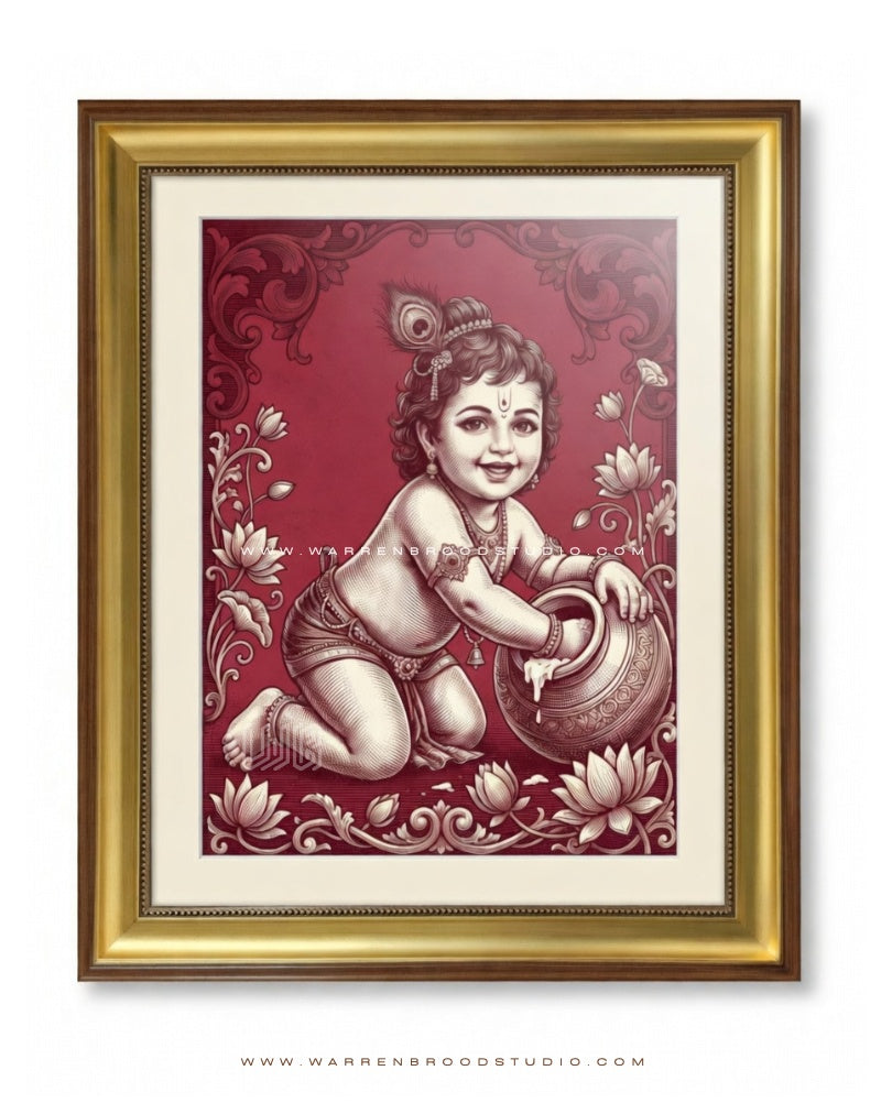 Framed Krishna art print featuring a vintage-style illustration of a kneeling child holding a pot, set against a deep red background with ornate floral and scroll motifs. - Warren Brood Studio