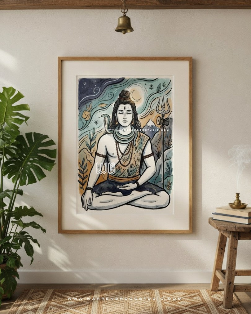 Buy Lord Shiva wall art, Meditating Lord Shiva, Mahadev wall art, Shiva meditation artwork, Shiva painting, Shiva illustration, Shiva framed print, Shiva mounted glass frame, Hindu wall art, Hindu religious wall decor, Lord Shiva home decor, Mahadev painting, Shiva poster, Shiv wall frame, Hindu spiritual artwork, Shiva pooja room decor, meditation wall art, yoga room wall decor, temple wall art, Indian spiritual art