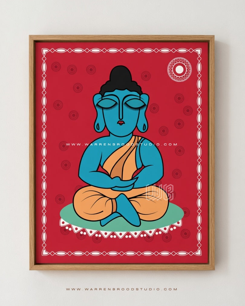 Minimalist Buddha meditation wall art illustration in a premium natural oak wooden frame, modern Buddhist wall decor for meditation room, living room, yoga studio, and spiritual home interiors.