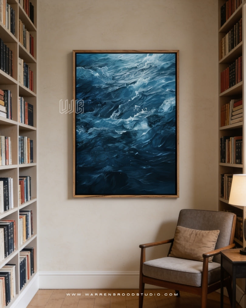 Midnight Tide Premium Wall Art – Contemporary ocean abstract digital artwork featuring flowing deep blue waves, luxury framed artwork, premium wooden wall décor, and elegant home décor wall frames in Dubai designed for modern, minimalist, and luxury interior spaces.