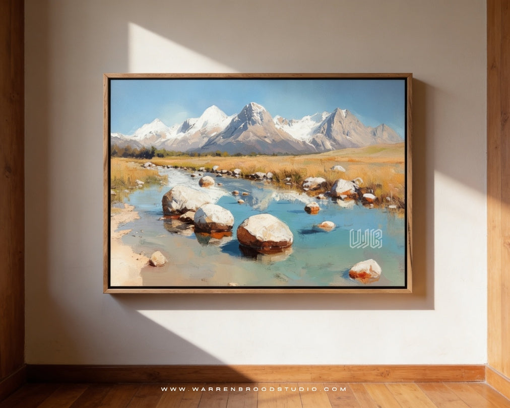 Buy Morning in the Valley Premium Wall Art online featuring a peaceful mountain landscape oil painting with river reflections and premium contemporary art print wall frames for luxury home décor in Dubai - Warren Brood Studio