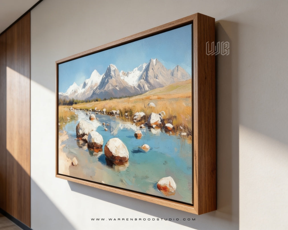 Shop Morning in the Valley Premium Wall Art – Contemporary oil painting art print featuring snow-capped mountains, serene river landscapes, luxury framed artwork, premium wooden wall décor, and elegant home décor wall frames in Dubai for modern and sophisticated interiors.