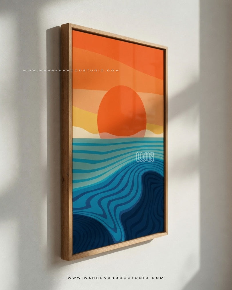 ocean wall art, coastal wall décor, sunset ocean print, contemporary seascape art, beach house wall art, ocean illustration print, modern coastal artwork, premium wall art frames, wave pattern wall art, seaside décor, abstract ocean artwork, luxury coastal décor, modern seascape print, framed ocean art, Warren Brood Studio