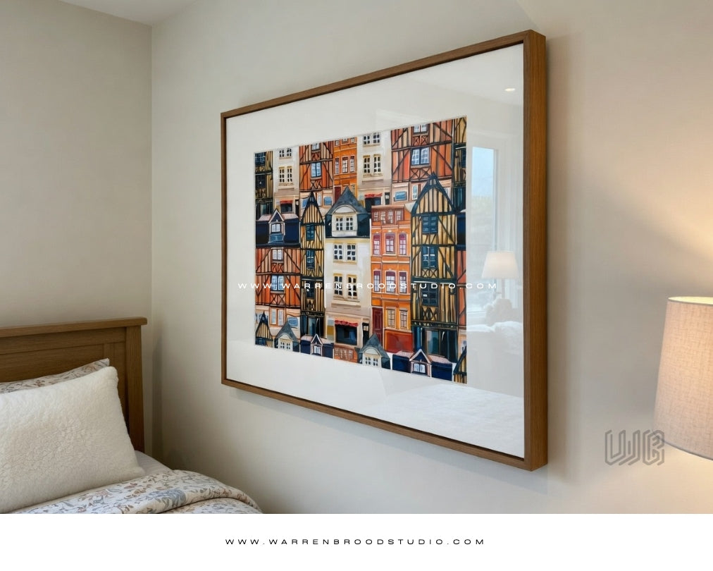 old town wall art, digital illustration print, vintage town artwork, historic architecture art, cityscape wall décor, premium wall art frames, architectural illustration, contemporary wall art print, urban landscape artwork, framed digital art, luxury wall décor, timeless city illustration, Warren Brood Studio