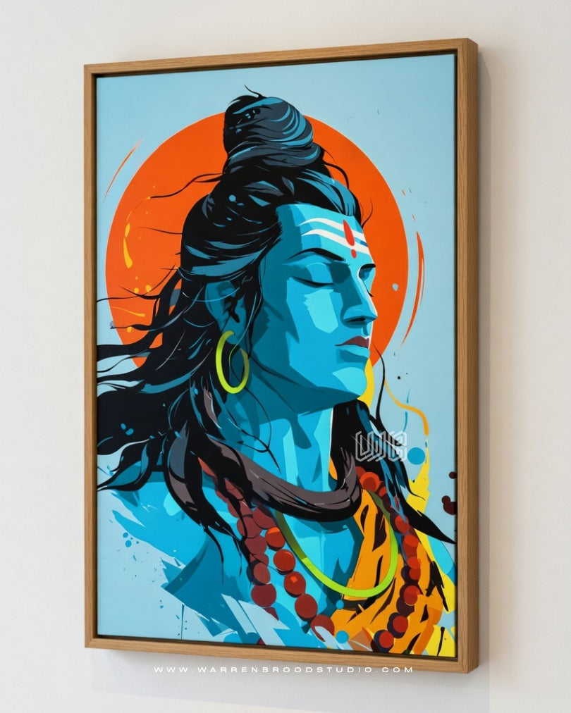 Shop Lord Shiva Contemporary Hindu devotional wall art with Oak wooden frame.