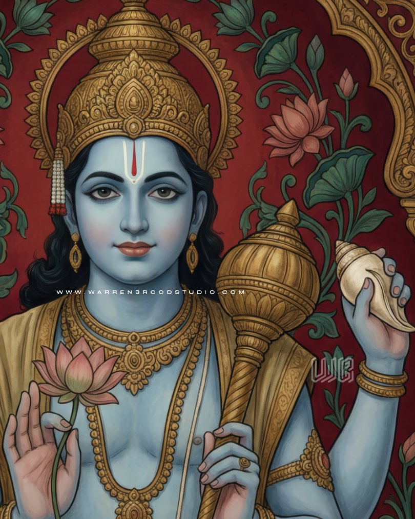 Lord Vishnu with Shankha Chakra Gada Padma – Premium Hindu Wall Art Print | Natural Oak Wooden Frame