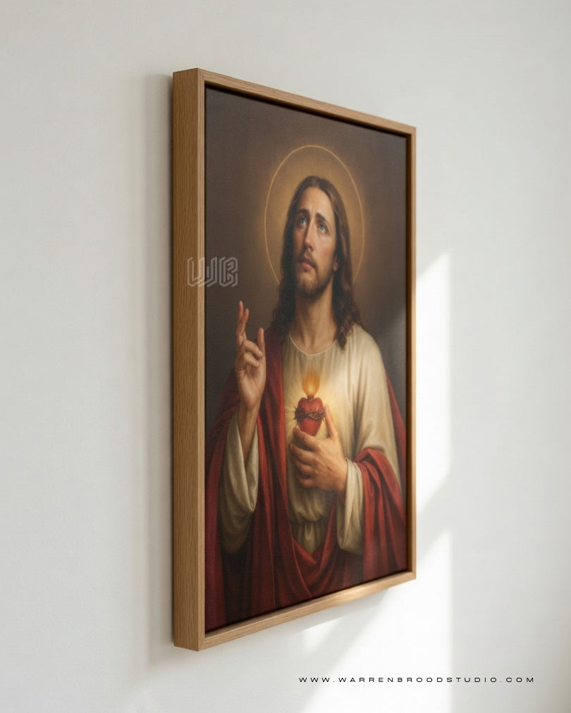 Sacred Heart of Jesus Art Print | Oak Wooden Box Frame | Christian Wall Art
