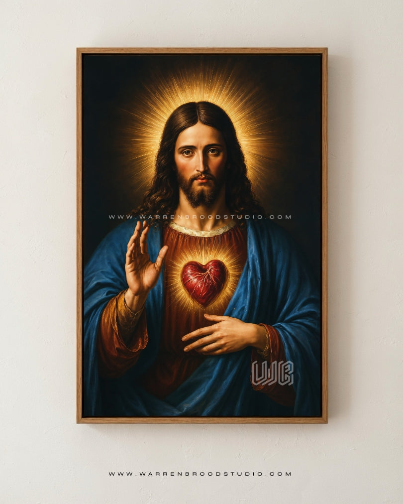 Shop the Sacred Heart of Jesus premium Christian wall art in handcrafted oak wooden frames. Museum-quality print for homes, churches, prayer rooms, and Catholic décor.
