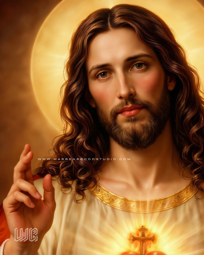 Jesus Christ Sacred Heart portrait with flame and cross wall decor