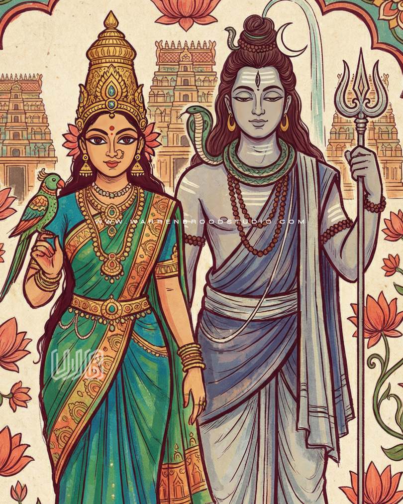 Shop Lord Shiva & Goddess Parvati Premium Hindu Religious Wall Art Print by Warren Brood Studio. Museum-quality framed artwork with handcrafted frames for pooja rooms, temples, homes, offices, and spiritual décor.