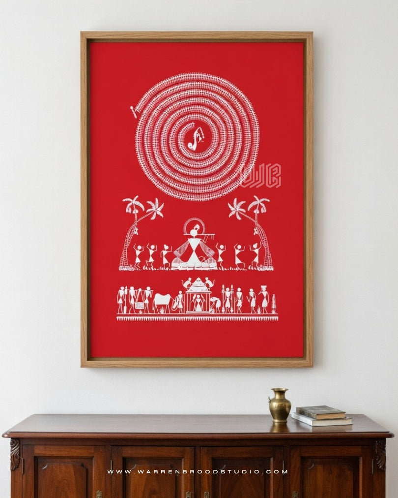 Shop Premium Krishna Janmashtami Warli Style Wall Art by Warren Brood Studio. Discover museum-quality Lord Krishna wall art inspired by traditional Indian folk art, professionally framed in handcrafted natural oak wooden frames for pooja rooms, temples, living rooms, offices, and spiritual interiors.