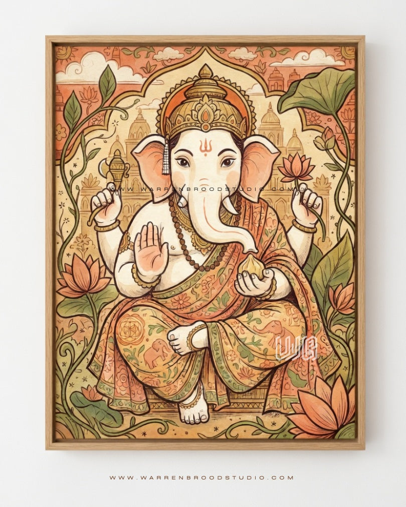 Lord Ganesha – Premium Hindu Wall Art Print | Natural Oak Wooden Frame | Hindu Religious Wall Decor