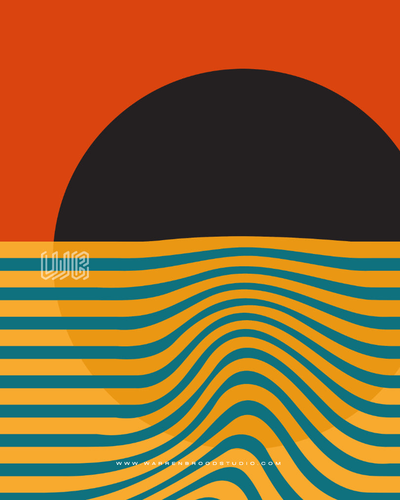 Solar Drift contemporary abstract sunset artwork featuring flowing wave patterns, geometric forms, bold orange and teal tones, and premium wooden framed wall décor for luxury home interiors