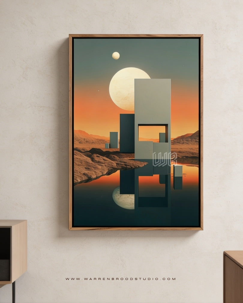 Solaris Gate premium surreal architectural wall art featuring geometric structures, celestial landscapes, luxury wooden framing, and modern home décor wall frames in Dubai.