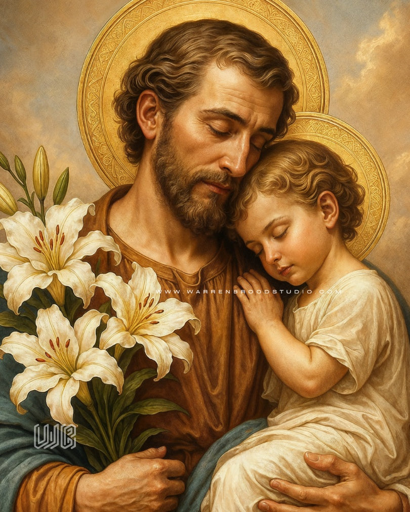 St. Joseph Wall Art, St. Joseph and the Infant Jesus, Catholic Wall Art, Saint Joseph Framed Print, Christian Wall Decor, Catholic Home Decor, Infant Jesus Artwork, St. Joseph with Lilies, Religious Wall Art, Christian Art Prints, Catholic Gifts, Patron of Families, Christian Home Decoration