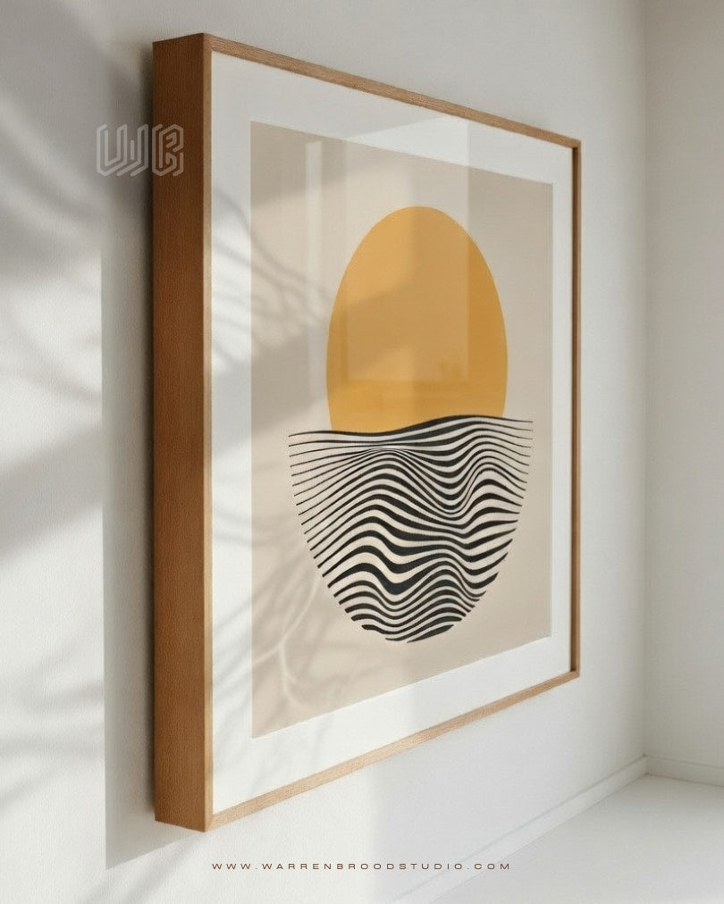minimalist sunset wall art, abstract sunset print, modern abstract artwork, geometric wall décor, contemporary wall art, wave pattern artwork, minimalist landscape print, premium wall art frames, modern home décor, luxury framed artwork, abstract horizon art, Scandinavian wall décor, modern gallery wall art, sunset illustration print, Warren Brood Studio