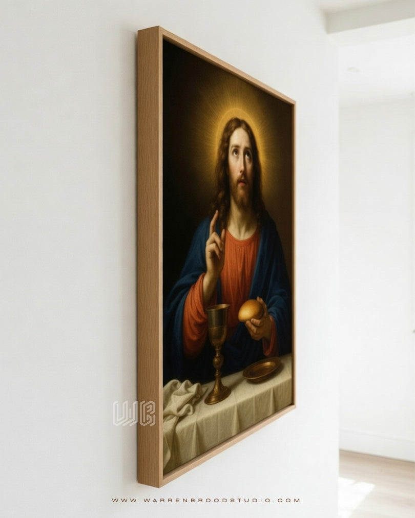 Christ the Bread of Life premium Christian wall art featuring Jesus Christ holding the Eucharistic bread and sacred chalice, beautifully framed in a handcrafted natural oak wooden frame for Catholic and Christian home décor.
