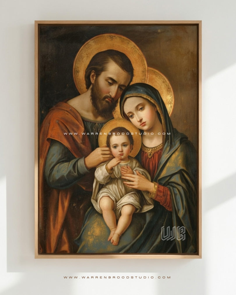 The Holy Family Catholic Christian wall art featuring Jesus Christ, Virgin Mary, and Saint Joseph in a premium oak wooden frame for home, church, and prayer room décor - Warren Brood Studio