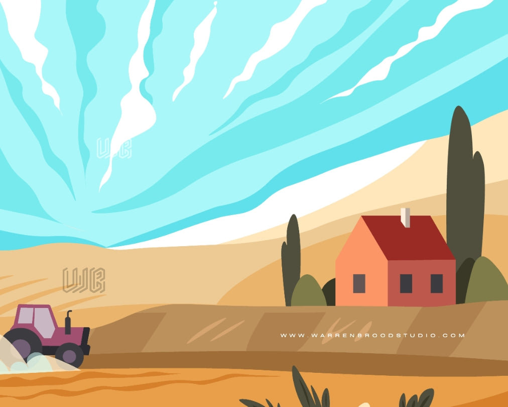 Countryside digital illustration featuring open farmland, a tractor crossing golden fields, a rural farmhouse, and expansive blue skies in premium framed wall art.