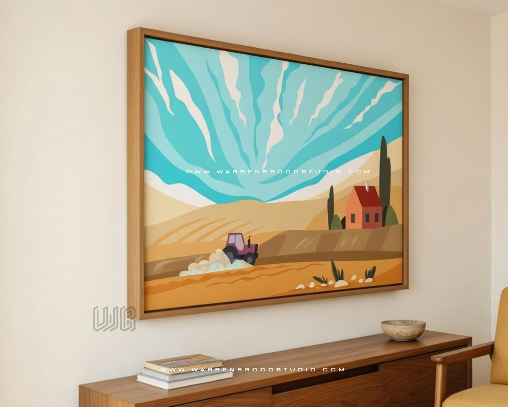 open field wall art, countryside landscape print, rural illustration artwork, farm landscape wall décor, agricultural art print, scenic countryside artwork, premium wall art frames, farmhouse wall décor, landscape illustration print, country living art, rustic wall art, modern landscape illustration, framed countryside artwork, Warren Brood Studio