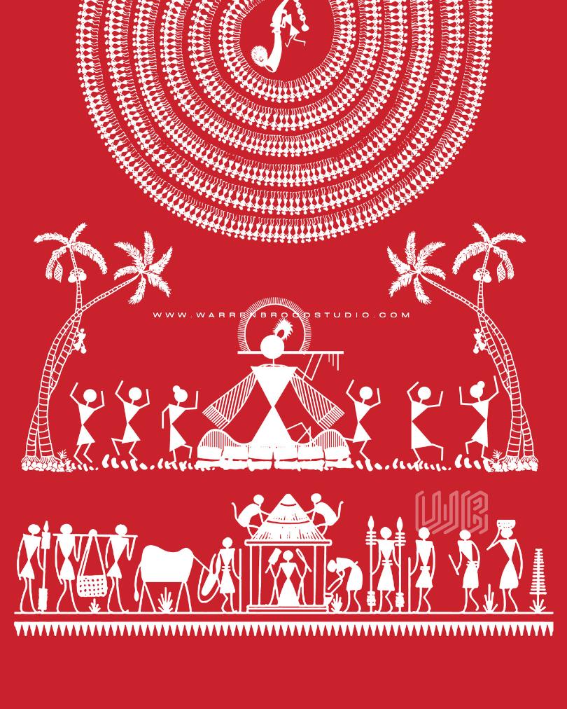 Traditional Warli style artwork depicting Lord Krishna and Janmashtami celebrations, premium Hindu wall art print for pooja rooms, homes, temples, and spiritual interiors.