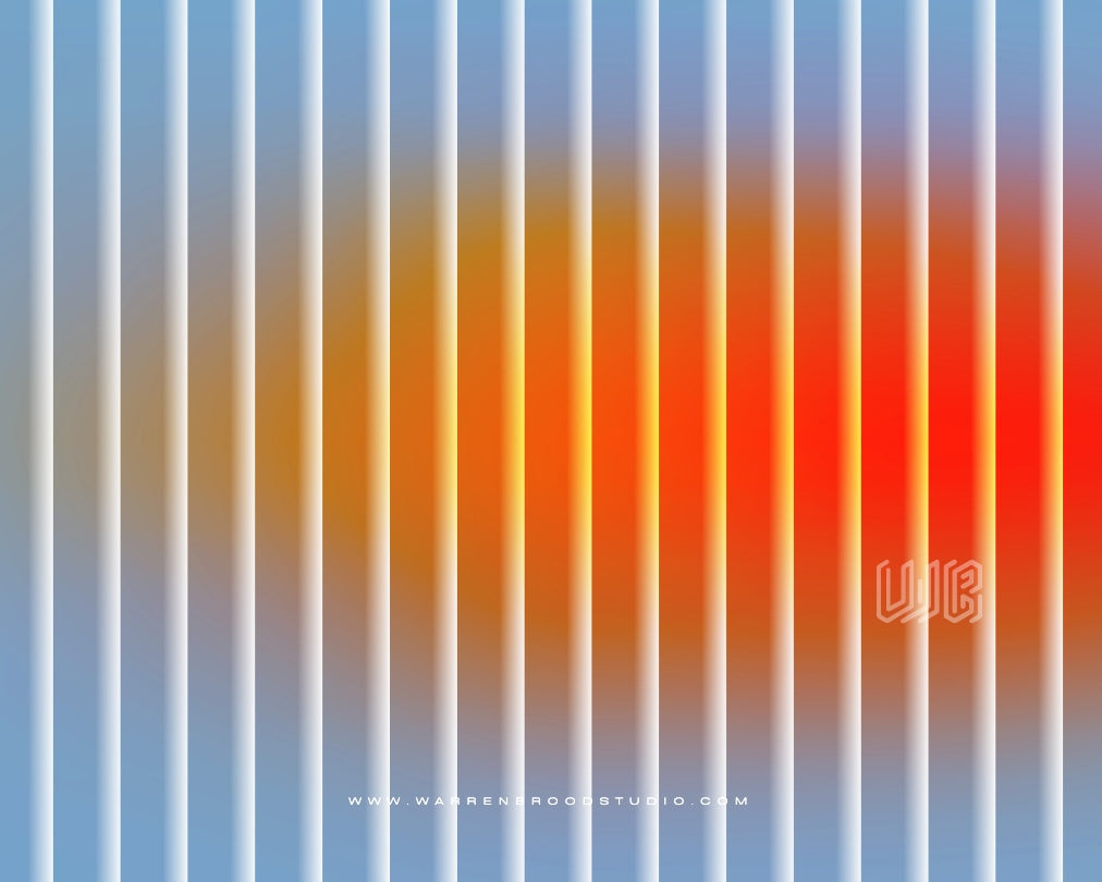 Minimalist abstract wall art featuring a glowing orange horizon behind soft vertical lines, blending blue gradients and contemporary geometric design in premium wall art frames.