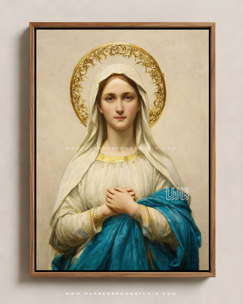 Mother Mary Wall Art Print, Oak Wooden Frame – Catholic Religious Wall Decor Online. Blessed Virgin Mary artwork