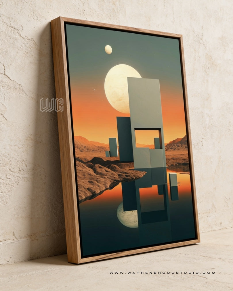 Solaris Gate Premium Wall Art – Surreal architectural digital illustration featuring futuristic geometric structures, celestial landscapes, luxury framed artwork, and premium wooden wall décor, designed as elegant home décor wall frames in Dubai for modern, contemporary, and luxury interiors.