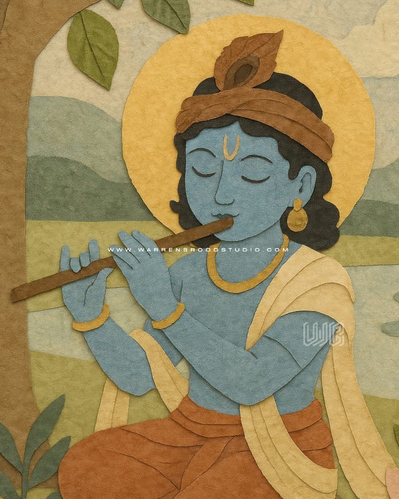 Shop Bal Krishna flute illustration framed in handcrafted oak wood, premium Hindu religious wall art inspired by traditional Indian folk art and spiritual devotion.