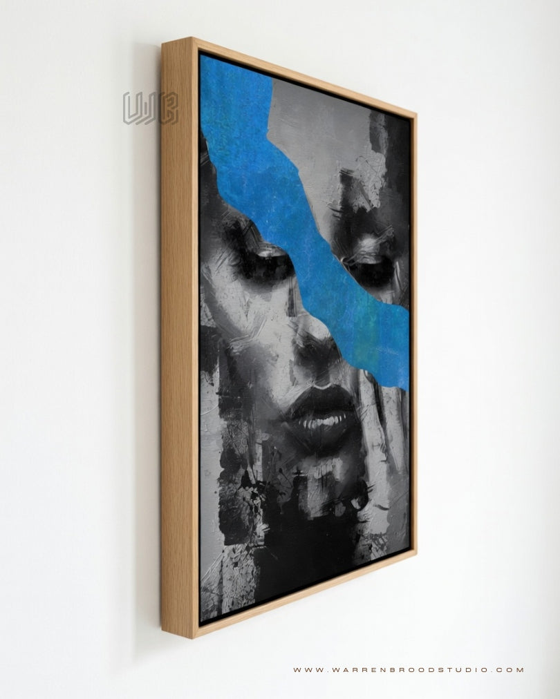 contemporary acrylic painting, emotional portrait artwork, abstract female portrait, expressive wall art, modern figurative painting, blue abstract art, contemporary wall décor, premium wall art frames, monochrome portrait painting, emotional artwork, modern gallery art, luxury framed artwork, fine art portrait print, Warren Brood Studio