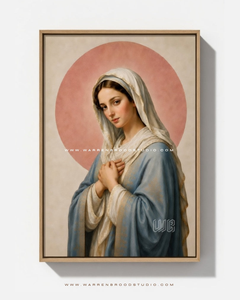 Blessed Virgin Mary premium Catholic wall art print in natural oak wooden frame featuring a serene portrait of Mother Mary for Christian home decor and religious wall decoration. Catholic Prayer Room Decor