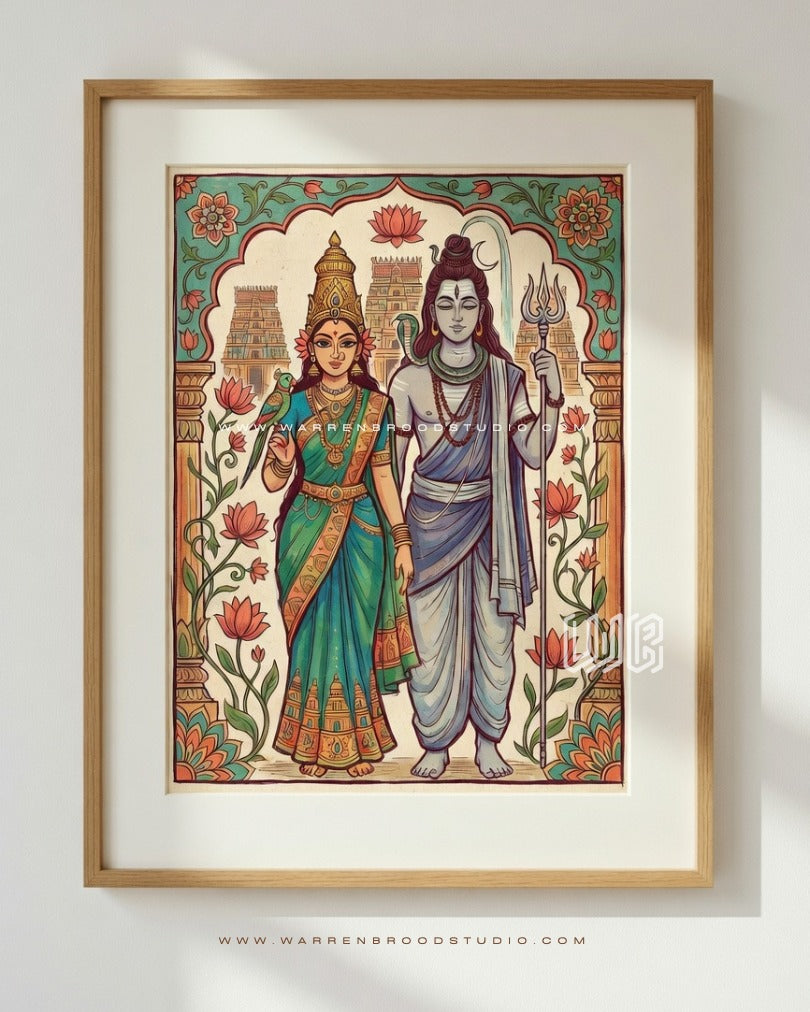 Shop Traditional Lord Shiva and Goddess Parvati illustration featuring Hindu temple architecture and floral motifs, premium framed wall art print by Warren Brood Studio for spiritual home décor.