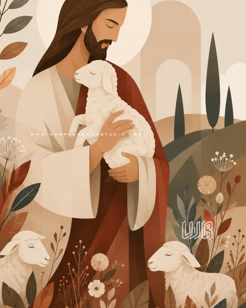 The Good Shepherd's Peace – Jesus with Lamb Vector Wall Art | Premium Christian Framed Print | Warren Brood Art Studio UAE