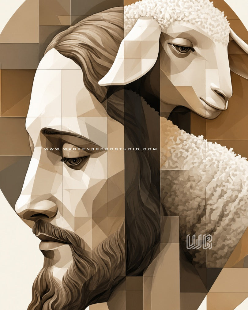 Jesus carrying a lamb premium Christian wall art featuring Christ the Good Shepherd, framed religious artwork for living room, church, prayer room, Christian home décor, and faith-inspired interior design.
